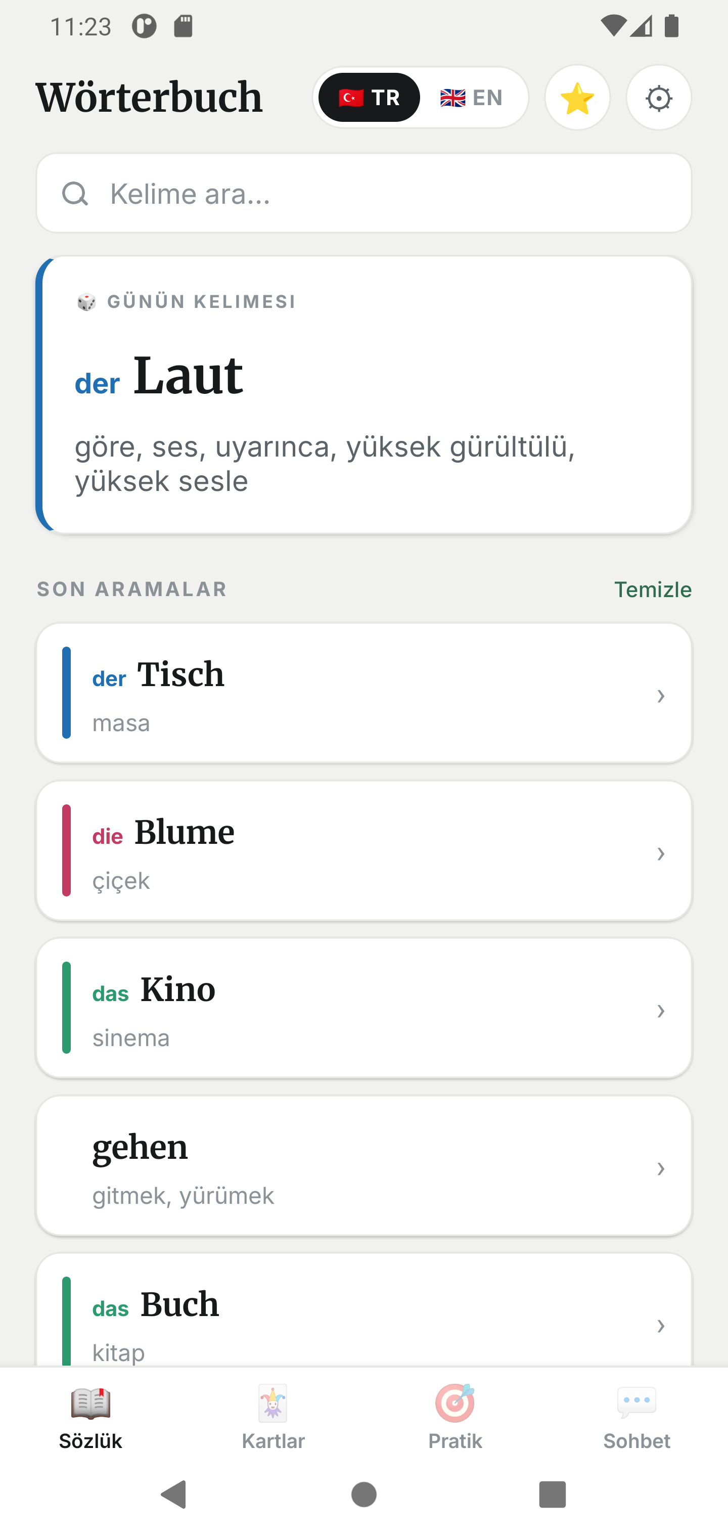Uygulamadaki sözlük ekranı